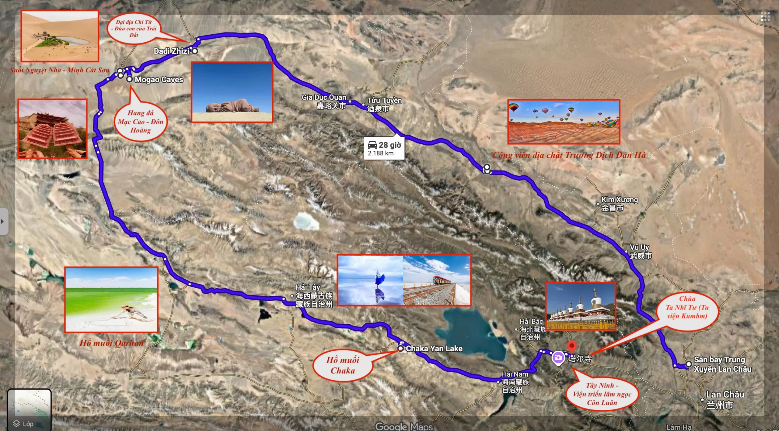 Bản đồ cung đường tour Cam Túc - Thanh Hải - Đôn Hoàng